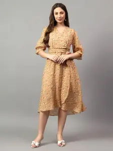 NKSA FASHION Women Floral Printed V-neck Cuffed Sleeves Wrap Dress