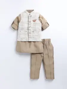 LITTLE COLLARS Boys Mandarin Collar Straight Kurta with Trouser and Nehru Jacket