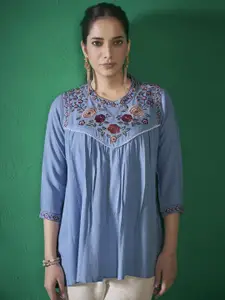 Anouk Blue and Red Floral Embroidered Thread Work Straight Kurta