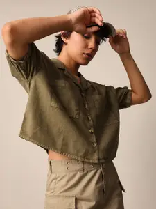 ONLY Women Cuban Collar Faded Cotton Boxy Casual Shirt