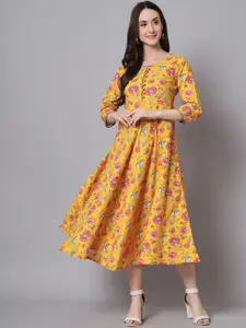 Anouk Yellow and Pink Round Neck Floral Printed Fit and Flare Cotton Ethnic Dress