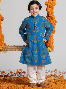 SPUNKIES Boys Floral Printed Mandarin Collar Straight Kurta With Pyjamas