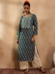 Indo Era Green and White Round Neck Geometric Printed Mirror Work Straight Kurta