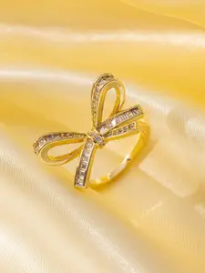 MYKI Stainless Steel Gold-Plated Stone-Studded Finger Ring