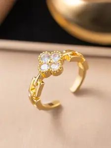 MYKI Stainless Steel Gold-Plated Stone-Studded Finger Ring