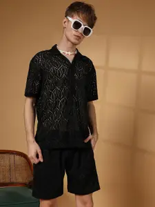 Campus Sutra Black Self-Design Shirt With Shorts