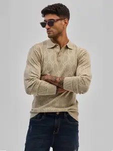 Snitch Men Self Design Polo Collar Cotton Slim Fit T-shirt