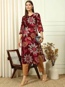Anouk Rustic Maroon Floral Printed V-Neck Straight Kurta