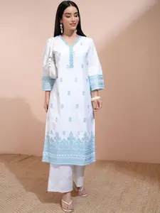 Vishudh White Floral Embroidered V-Neck Three-Quarter Sleeves Regular Straight Kurta