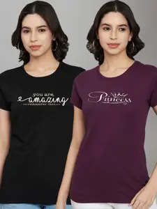 Trend Level Women Pack Of 2 Typography Printed Round Neck Cotton T-shirts