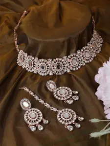 Anouk Rose Gold-Plated AD Stone Studded Necklace and Earrings With Maang Tika