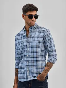 Snitch Men Smart Button-Down Collar Tartan Checked Cotton Casual Shirt