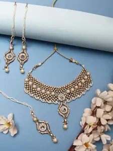 Anouk Gold Plated Stone Studded Necklace and Earrings With Maang Tika