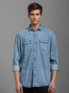 Louis Philippe Jeans Men Spread Collar Faded Cotton Slim Fit Casual Shirt