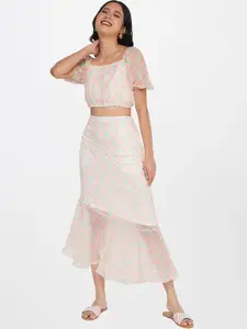 Global Desi Printed Square Neck Top With Skirt