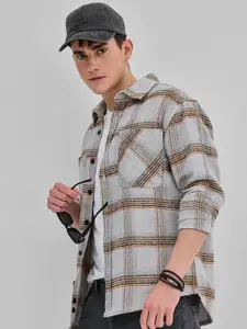 Snitch Men Smart Spread Collar Tartan Checked Cotton Casual Shirt