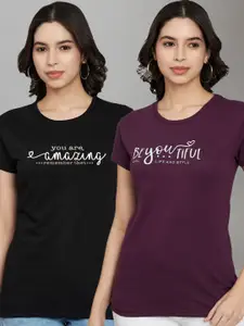 Trend Level Women Pack Of 2 Typography Printed Round Neck Cotton T-shirts
