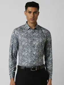 V Dot Men Spread Collar Floral Printed Cotton Slim Fit Formal Shirt