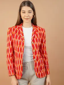 INDOPHILIA Ikat Printed Cotton Notched Lapel Collar Cotton Single Breasted Blazer
