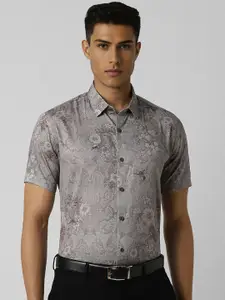 V Dot Men Spread Collar Floral Printed Cotton Slim Fit Formal Shirt