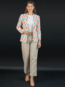 INDOPHILIA Ikat Printed Notched Lapel Cotton Single Breasted Blazer