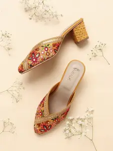 V-WALK Women Floral Embroidered Ethnic Block Heel Sandals