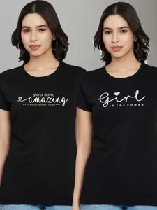 Trend Level Women Pack Of 2 Typography Printed Round Neck Cotton T-shirts