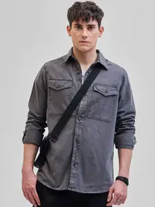 Snitch Men Smart Spread Collar Washed Faded Cotton Casual Shirt