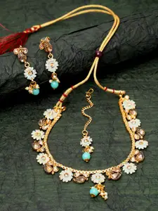 Anouk Gold Plated Kundan Studded & Beaded Necklace and Earrings With Maang Tika
