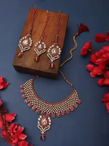 Anouk Gold-Plated CZ Stone-Studded & Beaded Necklace and Earrings With Maang Tika