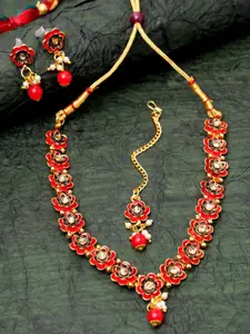 Anouk Gold-Plated Stone Studded & Beaded Necklace and Earrings With Maang Tika