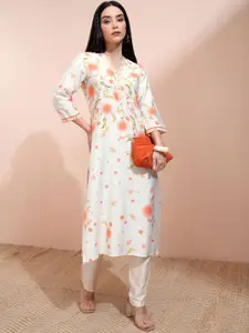 Vishudh Women Floral Printed V-Neck Three-Quarter Sleeves Regular Straight Kurta