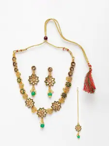 Anouk Gold-Plated Kundan-Studded & Beaded Necklace and Earrings With Maang Tika