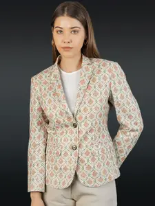 INDOPHILIA Floral Printed Cotton Single Breasted Blazer