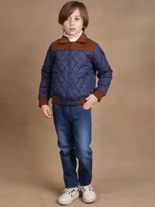 One Friday Boys Spread Collar Colourblocked Casual Quilted Jacket