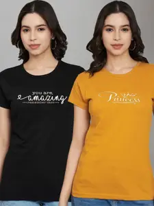 Trend Level Women Pack Of 2 Typography Printed Round Neck Cotton T-shirts