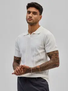 Snitch Men Self Design Polo Collar Cotton Slim Fit T-shirt