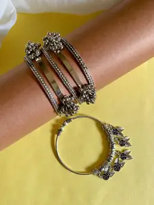 ATIBELLE Set Of 6 Silver-Plated Round Shaped Textured & Beaded Bangles