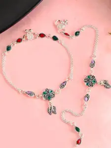 VOJ Set Of 2 Silver-Plated Traditional Flower Shaped Stone Studded Anklets