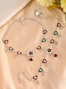 VOJ Set Of 2 Silver-Plated Traditional Heart Shaped Stones Studded Anklets