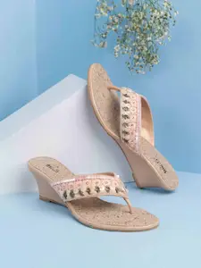 Inc 5 Women Embellished Ethnic Wedge Mules with Laser Cuts Heels