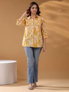 Rain & Rainbow Women Pure Cotton Abstract Printed Shirt Collar Shirt Style Top