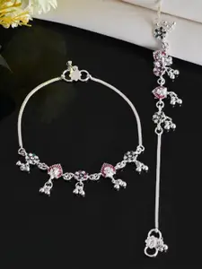 VOJ Set Of 2 Silver-Plated Stainless Steel Artificial Stones Studded Anklets