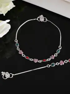 VOJ Set Of 2 Silver-Plated Heart Shaped Artificial Stones Studded Anklets