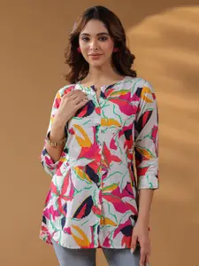 Rain & Rainbow Women Floral Printed Three-Quarter Sleeves Cotton Top