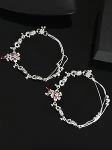 VOJ Set Of 2 Silver-Plated Traditional Peacock Shaped Artificial Beaded Anklets
