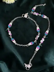 VOJ Set Of 2 Silver-Plated Butterfly Shaped Artificial Stones Studded Anklets