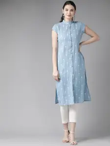 Amudee Fashion Geometric Printed Band Collar Short Sleeves Pure Cotton Kurta