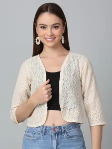 Dressitude Self Design Cotton Open Front Crop Shrug