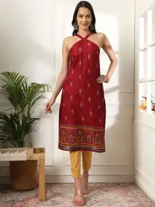 Anouk Maroon & Yellow Floral Printed Pure Cotton Straight Kurta